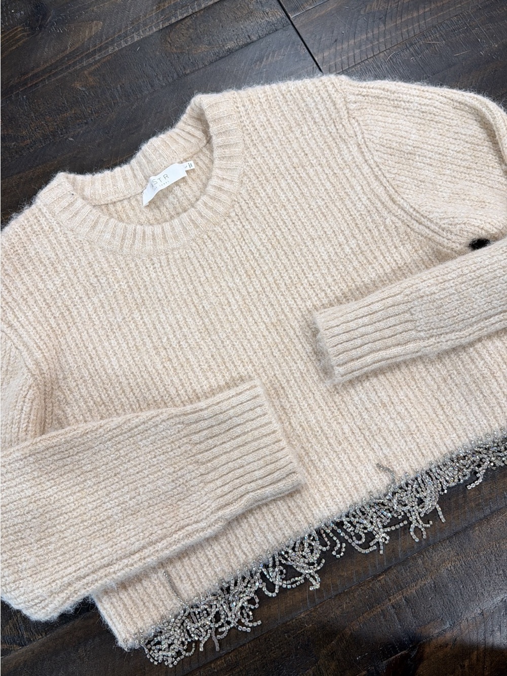 Astr Cream Ribbed Crewneck Sweater with Beaded Hem